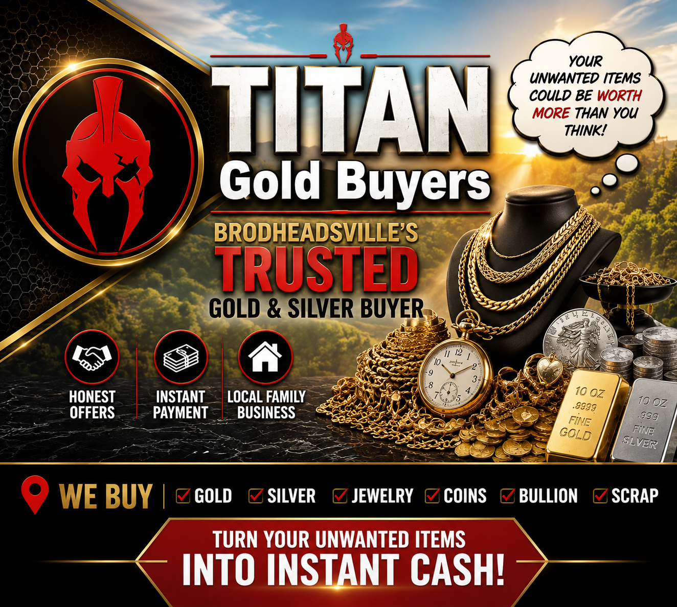 Titan Gold Buyers Brodheadsville promotional social media graphic created by Prospector Services
